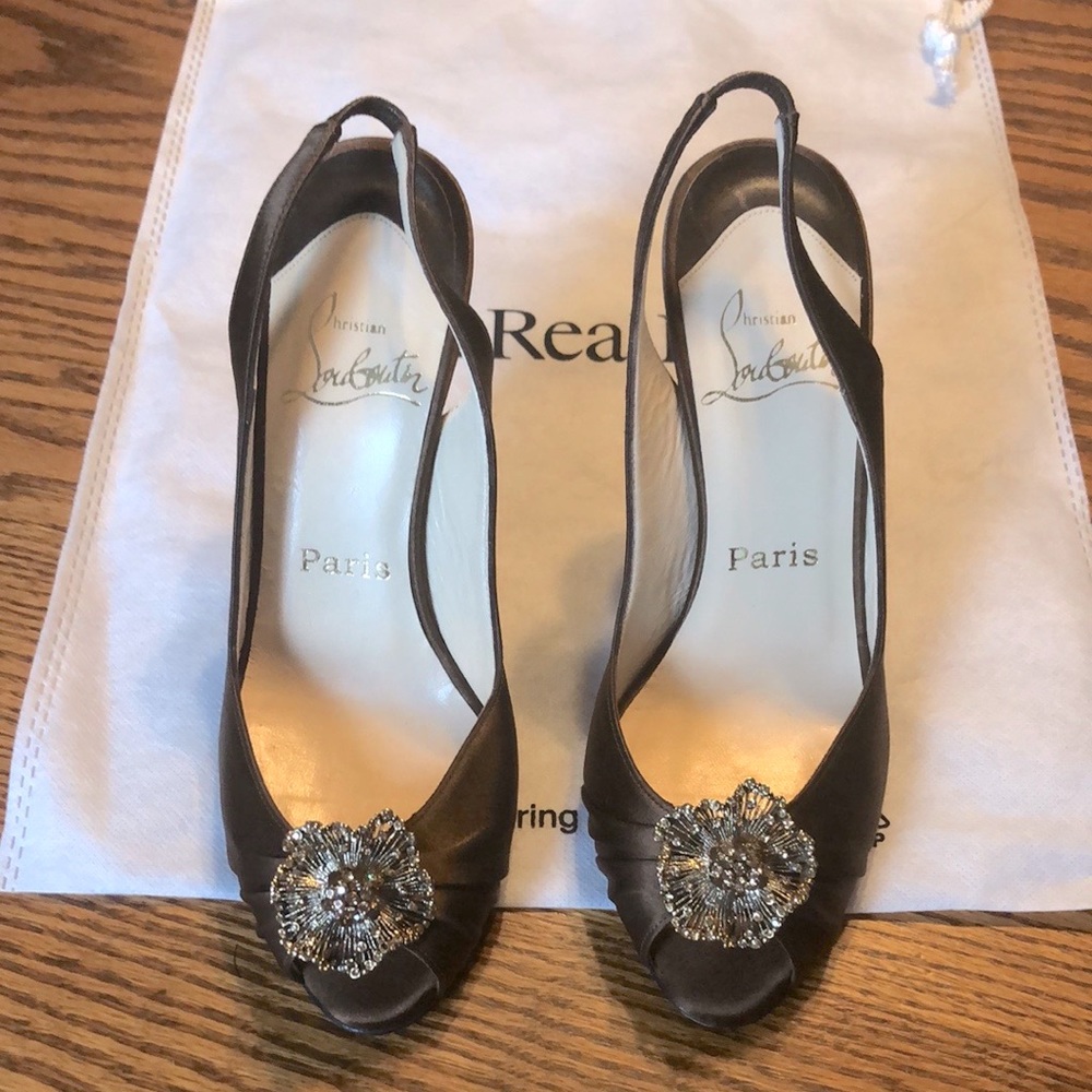 Louboutin satin chocolate peep toe w/ embellishment